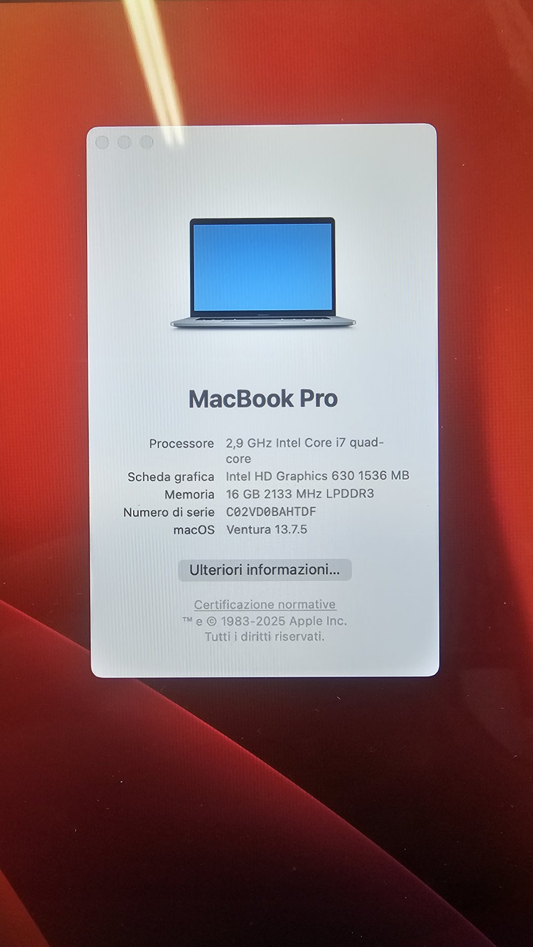 MacBook Pro "Core i7" 2.8 15" Touch/Metà 2017 (A1707) — Core i7, 16 GB RAM, 1 TB SSD